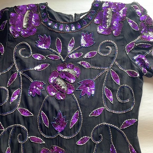 VTG Sequin Floral Top Large Black Purple Evening NWT Maximalist Pappel Glam 80s - Picture 15 of 16